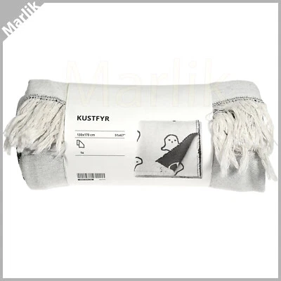 Ikea KUSTFYR Throw Blanket Halloween Flying Ghosts, Cotton, White/Black, 51x67" - Image 1 of 3