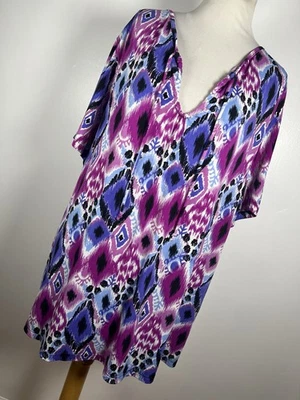 Liz & Me 2X Shirt Purple Blue V Neck Drawstring Travel Stretch Tunic Woman B2 - Image 1 of 4