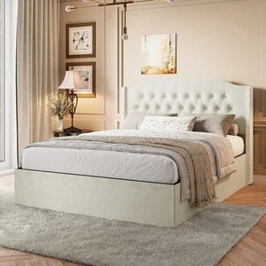 Queen Size Tufted Velvet Bed Frame with Crystal Accents & Wingback Headboard ?C - Picture 1 of 7