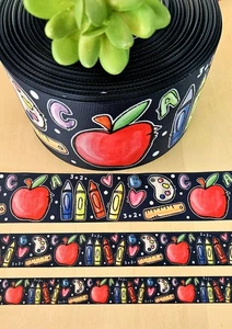 5/8, 7/8, 1.5 & 3" (1 YD) Back to School Ribbon Crayons Paints Apple Ruler - Picture 1 of 1
