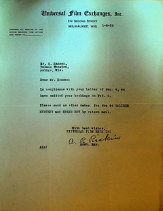 Universal Film Exchanges Letterhead January 8 1923 44 Caliber Mystery Speed Boy - Picture 1 of 1