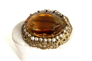 Vintage West Germany Jonquil topaz Givre Glass Brooch Filigree Pearl Accent - Picture 1 of 6
