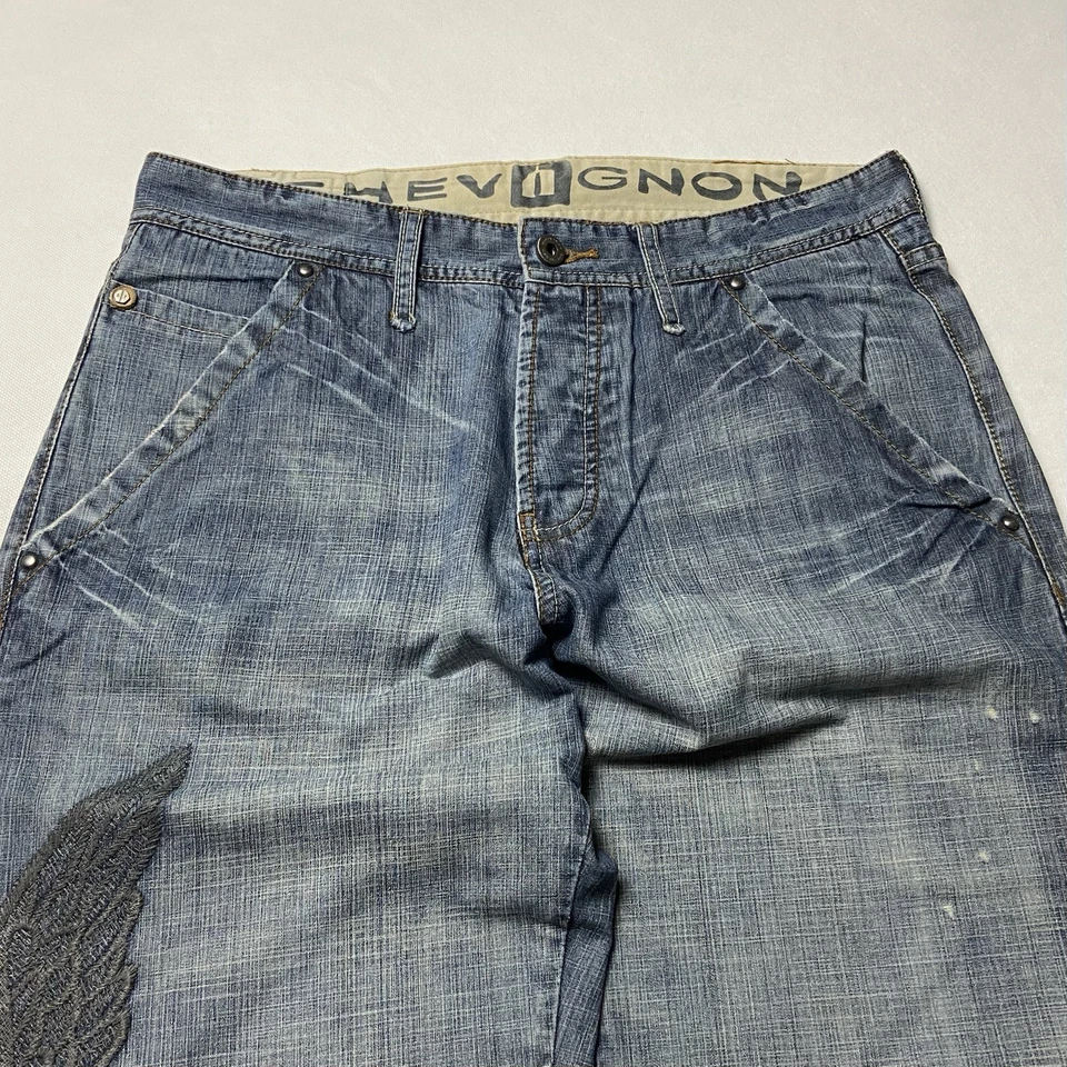 Jeans Y2K holgados W31 Chevignon bordado denim pierna ancha vintage lavado a ... - Imagen 1 de 4