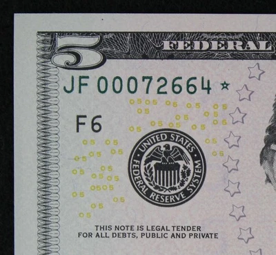 $5 2009 GEM CU Star Federal Reserve Note JF00072664* five dollar, F6 Atlanta - Image 1 of 3