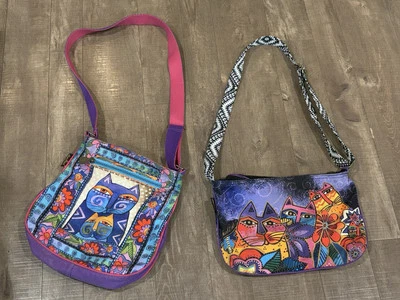 Laurel Burch Canvas Shoulder Zipper Bag Lot Of 2 Cats Rainbow Colorful Floral - Image 1 of 4