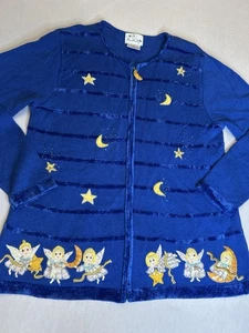 Cardigan vintage anni 90 The Quaker Factory Moon & Stars in maglia - blu da sogno XL - Foto 1 di 7