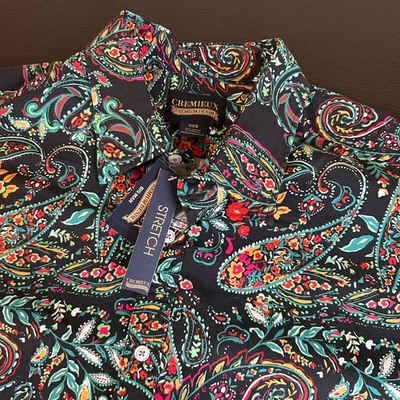 Camisa Cremieux Premium Denim Paisley Elastizada Manga Corta Abotonada Para Hombres 2XB NUEVA CON ETIQUETAS Foto 1 de 4