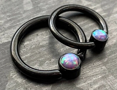 1pc Opal Set Flat-Back Black Plated Captive Bead Ring Septum Nipple Body Jewelry - Image 1 of 3