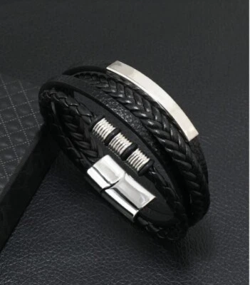Men's Black PU Leather Silver Metal Layered Braided Bracelet Wristband Bangle - Image 1 of 4