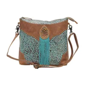 Borsa a tracolla Lochmara in pelle - pelle goffrata turchese - tasca con zip sul retro - Foto 1 di 6