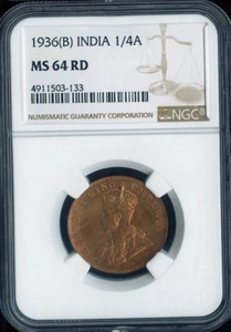 1936(B) INDIA 1/4A NGC MS64 RD Quality - Imagen 1 de 2