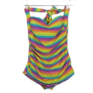 Girl Howdy 1950s pin up pastel rainbow print one piece halter ruched swimsuit 12 - Picture 1 of 9