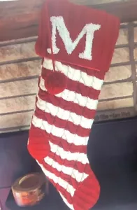 Kohl’s Knit Christmas Stocking Monogram Initial M Red White Striped Pom Poms - Picture 1 of 2