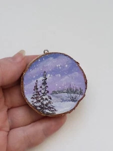 lilac winter forest on a cut tree with hand-painted ornament or wall art 2x2 in - Picture 1 of 9