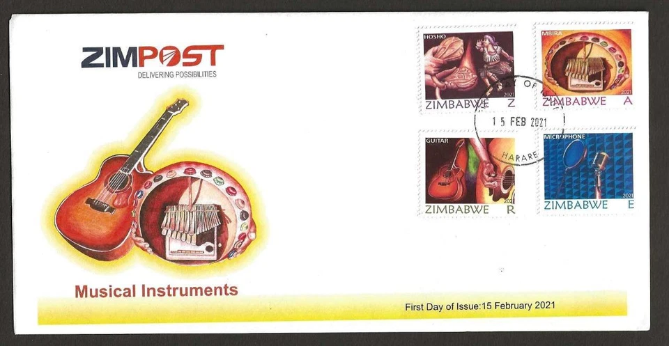 ZIMBABWE 2021 MUSICAL INSTRUMENTS SET OF 4 ON ILLUSTRATED FDC — 第 1/1 张图片