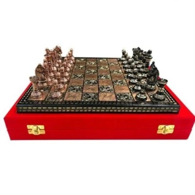 12" Brass Metal Chess Pieces & Board Set Hand carved Copper Black - Storage box - Image 1 of 4