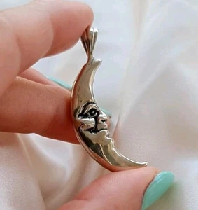 Handmade Crescent Moon Face Necklace Pendant in Sterling Silver Solid Sturdy - Picture 1 of 11