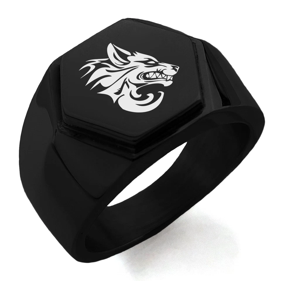 Stainless Steel Tribal Wolf Design Mens Hexagon Crest Signet Ring - Image 1 of 1