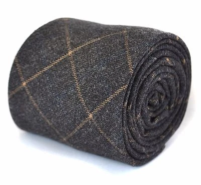 Frederick Thomas Designer Tweed Wool Mens Tie - Dark Grey & Orange Check Skinny - Image 1 of 4
