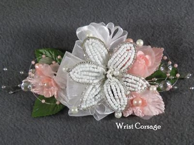 Corsage Blush Beaded Lily, Silk Roses, Beads Rhinestones. Boutonniere Option - Image 1 of 3