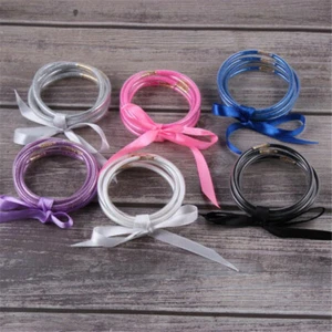 Women Fashion Charm Bangles Glitter Filled Silicone Jelly Bow Ribbon Bracelets - Picture 1 of 14
