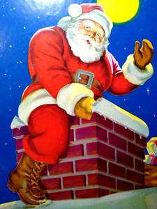 Vintage Santa Claus Moon Lit Chimney Cardboard Art Print Thick Christmas Gift - Picture 1 of 3