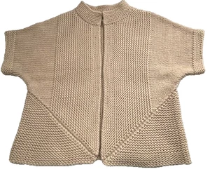 Ann Taylor LOFT superweicher beige geometrischer Kurzarmpullover vorne offen - Bild 1 von 3