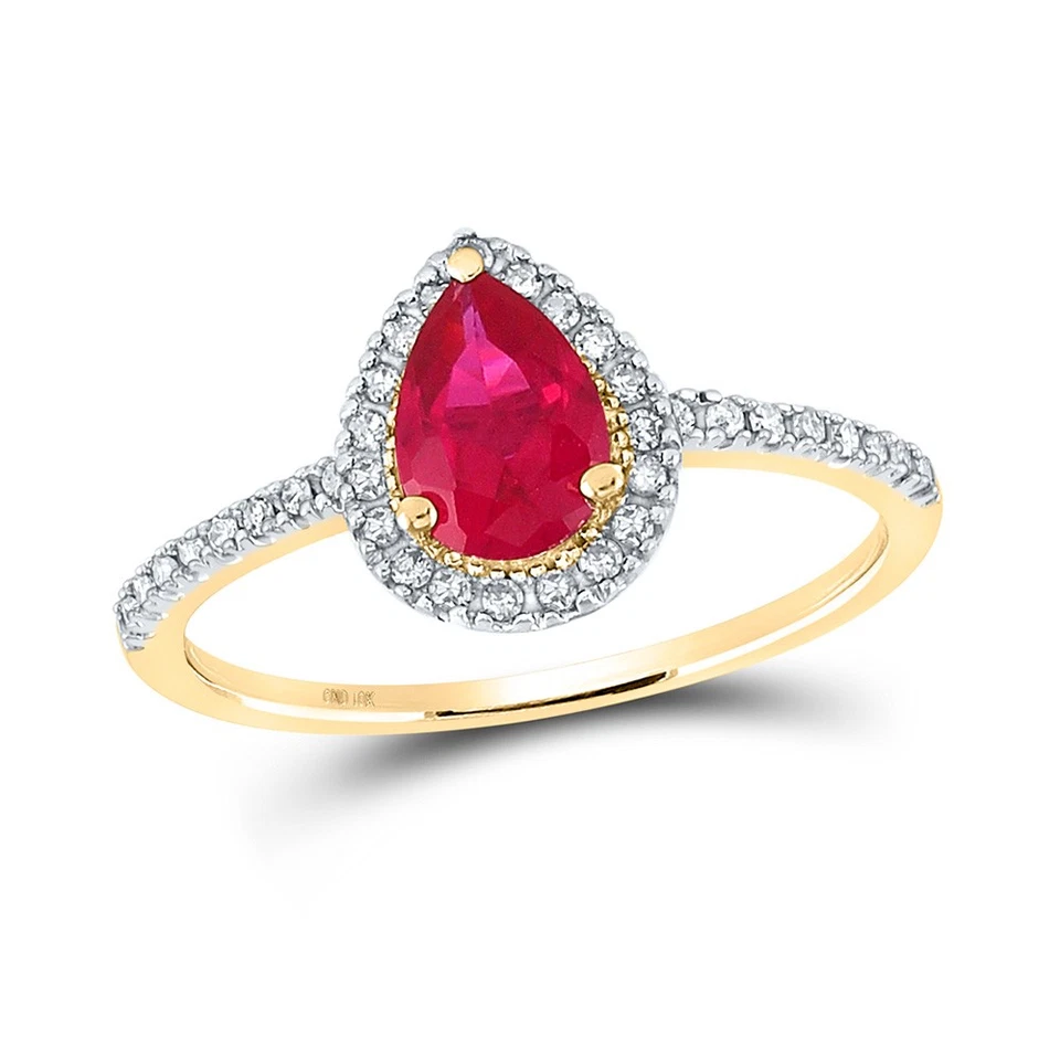 10K Yellow Gold Womens Pear Lab-Created Ruby Solitaire Ring 1 Cttw - Image 1 of 2