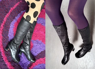 Vtg 60s 70s US 7 7.5 UK 5 BUTTERY Black STRETCH MOD Gogo Italy Knee Hippie Boots - Image 1 of 4