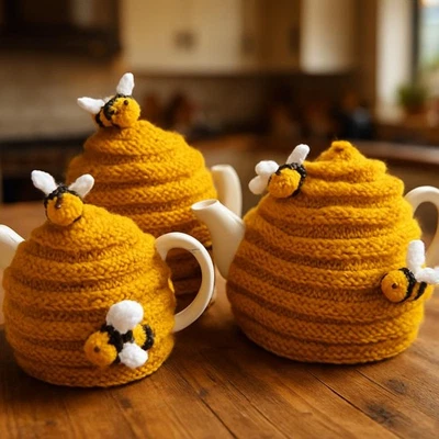 Knitting Pattern Beehive Tea Cosy 3 Sizes 2 4 6 Cup Teapot Bumble Bee Design DK - Image 1 of 3