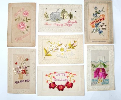 Postcard WW1 silk embroidered x7,with love,birthday think of me.(one damaged) - Image 1 of 4