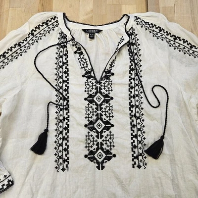 Top túnica campesina Ralph Lauren blanco/negro LINO bordado/cuentas BOHO XLarge  Foto 1 de 4