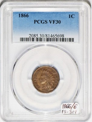 1866/6 FS-301 Indian Head Cent PCGS VF-30 - Image 1 of 4