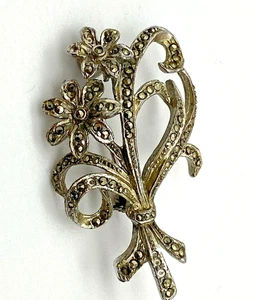 Vintage Brooch Silver Metal Marcasite Flower Bouquet Pin - Picture 1 of 8