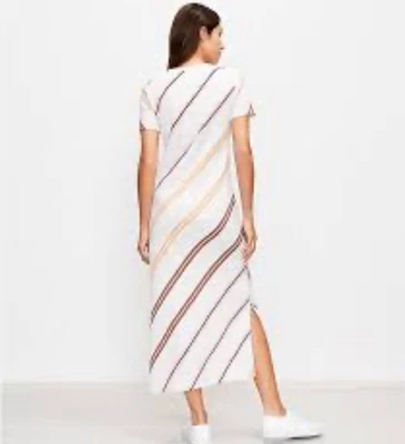 LOFT Outlet Maxi T Shirt Dress Size PL Ivory Brown Pink Stripes Side Slit NWT - Image 1 of 4
