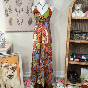 Vintage 90s Y2k Print Babydoll Tiered Maxi Dress Coastal Retro Mod Hippie S - Picture 1 of 8
