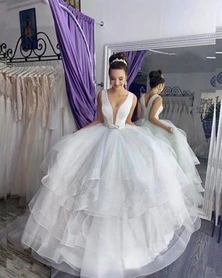 Classic Wedding Dresses V Neck Sleeveless Glitter Tulle Ruffles Bridal Gown - Image 1 of 4