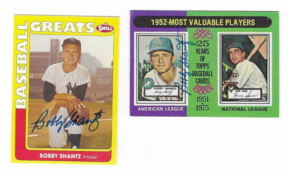 BOBBY SHANTZ 2 DIFFERENT SIGNED BASEBALL CARD LOT SWELL 1975 YANKEES ATHLETICS - Image 1 of 1