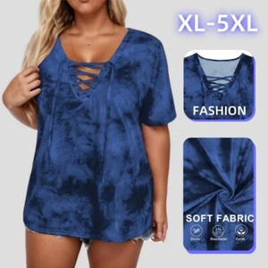 Plus Size Summer Tops Women Casual V Neck T Shirt Trendy Loose Tees Short Sleeve - Picture 1 of 17