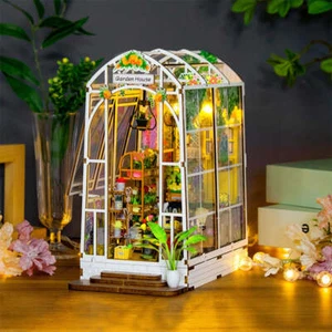 Dollhouse Miniature DIY Greenhouse Kit Garden House with LED Lights - Picture 1 of 5