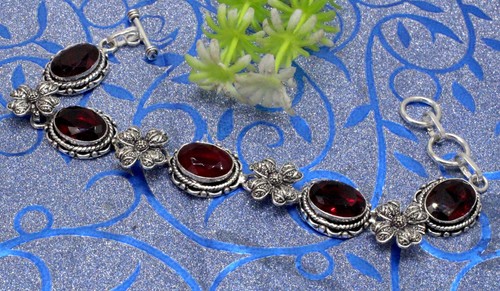 VALENTINO Bracciale in argento sterling 925 con pietre preziose granate del Mozambico fatto a mano S 7 8"