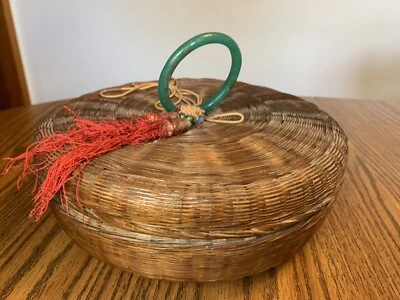 Antique Chinese Chinoiserie Round Wicker Sewing Basket Glass Handle Beads 10” - Image 1 of 4