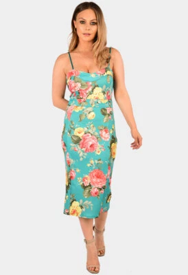 Vestido midi ceñido al cuerpo verde de verano tropical con tiras estampado floral de vacaciones para mujer Foto 1 de 4