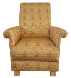 William Morris Strawberry Thief Fabric Adult Armchair Chair Ochre Navy Red Birds - Picture 1 of 37