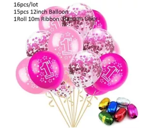 1st Birthday Balloons Pink Pink Mix w/Ribbons Set Latex - Picture 1 of 1