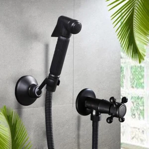 Hand Held Bidet Sprayer Douche Toilet Kit Black Shower Head Brass Valve Set - Picture 1 of 8