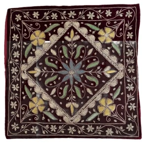 India Pillow Cover Burgundy Velvet Floral 16" Square Embroidery Silver Metallic - Picture 1 of 5