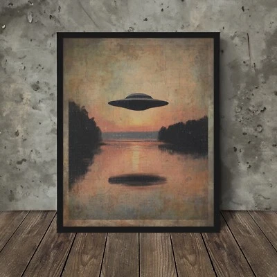Retro UFO SUNRISE LAKE Wall Art, Celestial Alien Decor, Sci-fi Sunset UAP Poster - Image 1 of 4