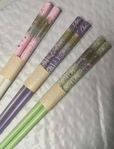 Bacchette 3 paia 9" BELLISSIME bacchette per capelli floreali viola rosa verde bianco - Foto 1 di 7