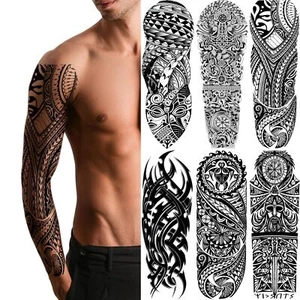 Totem Tribal Temporary Tattoo Sleeves Full Arm Large Polynesian Hawaiian Trib... - Picture 1 of 7